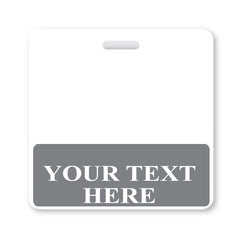 A Custom Printed Badge Buddy Horizontal (Standard Size) features a gray section at the bottom displaying the text "YOUR TEXT HERE," offering instant roll recognition. Sold by Specialist ID.