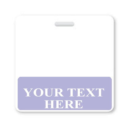 A Custom Printed Badge Buddy Horizontal (Standard Size) with a white top half and a purple bottom half. The bottom half contains the text "YOUR TEXT HERE" in white capital letters, perfect for custom badge buddies.