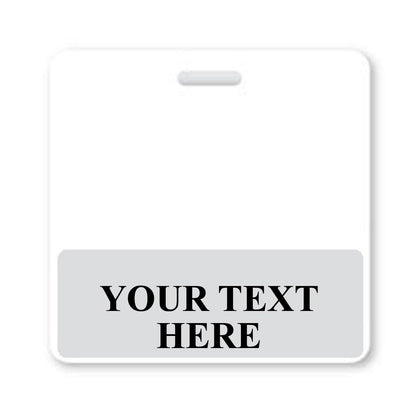 A Custom Printed Badge Buddy Horizontal (Standard Size) with a gray bottom section displaying the text "YOUR TEXT HERE" in bold black letters, perfect for custom badge buddies or standard size ID badges.