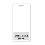 A Custom Printed Badge Buddy Vertical (Standard Size) with a rectangular shape and a cut-out slot at the top, featuring a grey area at the bottom with the placeholder text "YOUR TEXT HERE." Perfect for custom badge buddies and instant roll recognition.