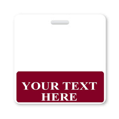 A Custom Printed Badge Buddy Horizontal (Standard Size) with a red strip at the bottom featuring the text "YOUR TEXT HERE" in white capital letters, perfect for standard size ID badges and offering instant roll recognition.