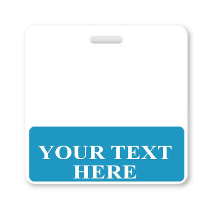 A white rectangular standard size Custom Printed Badge Buddy Horizontal (Standard Size) with a slot at the top and a blue section at the bottom containing the text "YOUR TEXT HERE" in white capital letters. Perfect for custom badge buddies or instant roll recognition.