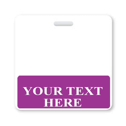 A white badge with a purple rectangular area at the bottom, featuring the text "YOUR TEXT HERE" in white capital letters, perfect for Custom Printed Badge Buddy Horizontal (Standard Size).