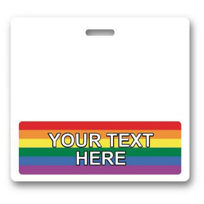 A Custom Printed Badge Buddy Horizontal (Standard Size) with a horizontal rainbow stripe at the bottom that reads "YOUR TEXT HERE." The badge, designed for instant roll recognition, has a slot at the top for attachment.