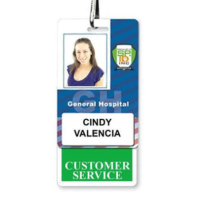 ID badge for Cindy Valencia, a customer service representative at General Hospital. The CUSTOMER SERVICE Vertical Badge Buddy with Green Border includes her photo and role, ensuring clear role recognition for efficient service.