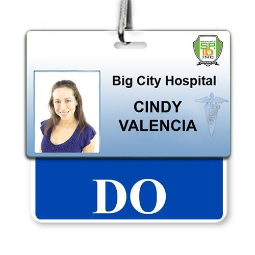 ID badge for Cindy Valencia, Doctor of Osteopathic Medicine at Big City Hospital. Labeled "DO," it features her photo and the hospital's logo, with a DO Horizontal Badge Buddy with Blue border for easy identification in the busy hospital environment.