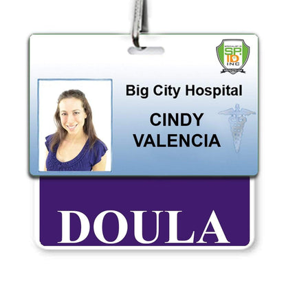 ID badge for Cindy Valencia, prominently identified as a doula at Big City Hospital. Featuring her photograph and the hospital logo, this DOULA Horizontal Badge Buddy with Purple Border ensures clear role recognition.