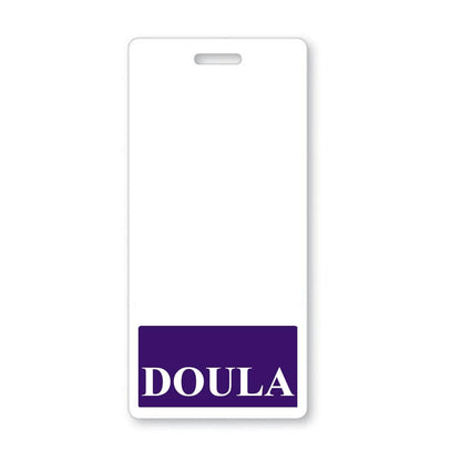 A white badge with a purple border features a vertical section at the bottom labeled "DOULA" in bold white letters, serving as a DOULA Vertical Badge Buddy with Purple Border. Sold by Specialist ID.