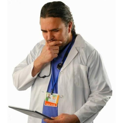 A doctor in a white coat with a stethoscope around his neck and a "Doctor" Badge Buddy Horizontal with Orange Border reads from a tablet, appearing thoughtful. Sold by Specialist ID.