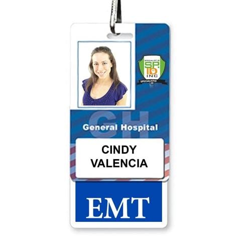 "EMT" Emergency Medical Technician, Vertical Badge Buddy with Blue Border BB-EMT-BLUE-V