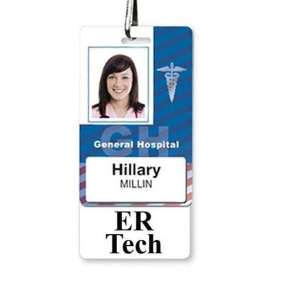 An ER TECH Vertical Badge Buddy with White Border for Hillary Millin, an ER Tech at General Hospital, featuring her photo, seamlessly fits into the bustling hospital setting. Sold by Specialist ID.