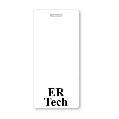 A white identification badge adorned with the text "ER TECH Vertical Badge Buddy with White Border" in black font at the bottom, perfect for lab technicians in a bustling hospital setting.