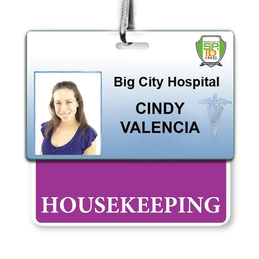 A HOUSEKEEPING Horizontal Badge Buddy with PURPLE Border for Cindy Valencia at Big City Hospital, featuring a purple border and a secondary tag indicating her role in housekeeping.
