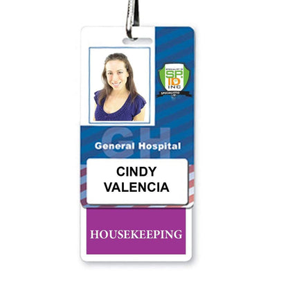 ID badge from General Hospital showing a photo of a woman, named Cindy Valencia, with the department "Housekeeping" listed on it. The badge features a purple border and comes with a HOUSEKEEPING Vertical Badge Buddy with PURPLE Border for easy identification.