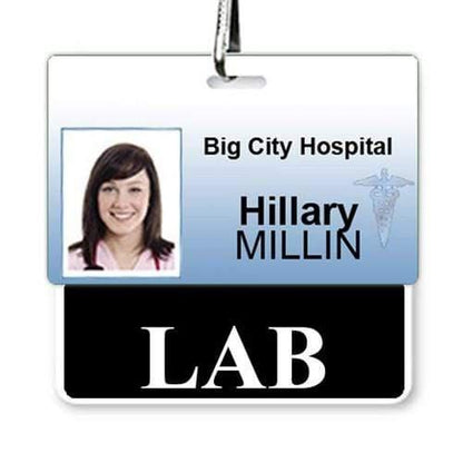 Hospital ID badge for Hillary Millin, Big City Hospital, with a photo of her and the designation "LAB," perfect for lab technicians' identification in a hospital setting has been replaced with LAB Badge Buddy Horizontal with Black Border - Badge Backer to Wear Behind Standard ID Card.