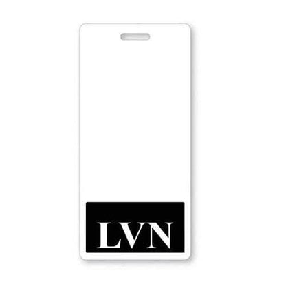 A white ID badge holder featuring "LVN" in bold letters at the bottom, with a slot on top for attaching. Perfect for licensed vocational nurses, this LVN Vertical Badge Buddy with Black Border keeps your credentials easily visible.