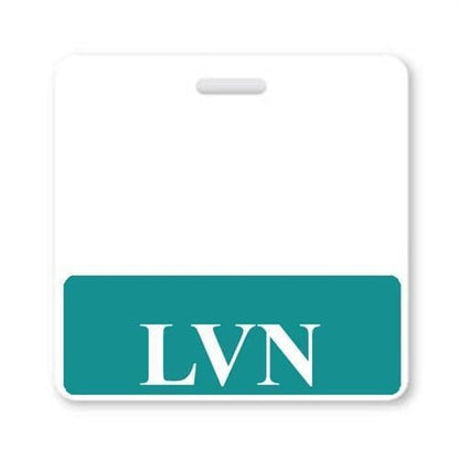 A rectangular, laminated teslin badge with a white top half and a teal bottom half, displaying the white letters "LVN" on the teal background. This "LVN" Horizontal Badge Buddy with Teal border is ideal for easy identification.