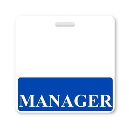 A MANAGER Horizontal Badge Buddy with Blue Border, crafted from the highest quality synthetic paper for durability and role recognition. Sold by Specialist ID.