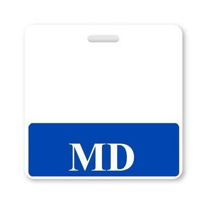 A square white badge with a blue bottom section featuring the text "MD" in large white letters, perfect as an MD Horizontal Badge Buddy with Blue Border or for use with hospital ID accessories.