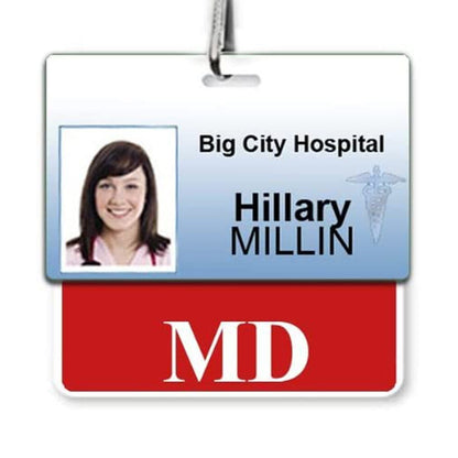 Identification badge for Hillary Millin from Big City Hospital, featuring an MD designation and photo, making it a perfect MD Horizontal Badge Buddy with RED Border. Sold by Specialist ID.