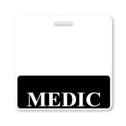 The MEDIC Horizontal Badge Buddy with BLACK Border displays the word "MEDIC" in white uppercase letters, ensuring instant role recognition for any paramedic. Perfect as a photo ID companion.