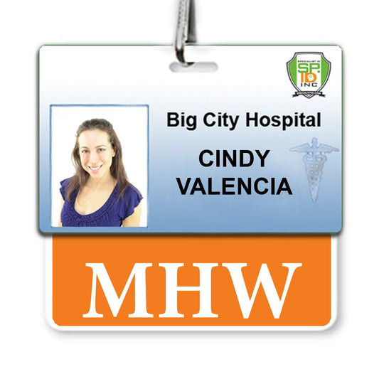ID badge for Big City Hospital with a photo of a person wearing a blue shirt. The badge displays the name "Cindy Valencia" and includes an additional tag labeled "MHW." The MHW Horizontal Badge Buddy with Orange Border features an orange border, adding both visibility and style.