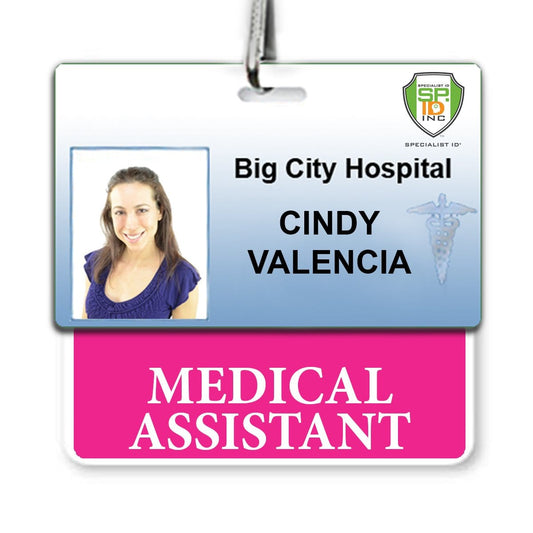 MEDICAL ASSISTANT Horizontal Badge Buddy with Hot Pink Border for Big City Hospital featuring a photograph of a woman named Cindy Valencia, title Medical Assistant. Sold by Specialist ID.