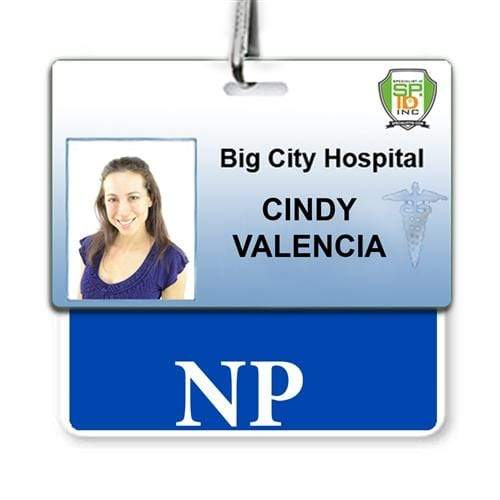 An ID badge for "Big City Hospital" shows a smiling person, identified as "Cindy Valencia," with the designation "NP" (Nurse Practitioner). This nurse practitioner ID comes with an NP Horizontal Badge Buddy with Blue Border that adds a touch of personalization and functionality.