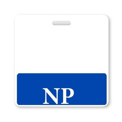This **NP Horizontal Badge Buddy with Blue Border** features a blue section at the bottom displaying "NP" in white, ideal for a nurse practitioner ID. The top portion is blank, with a slot for easy attachment.