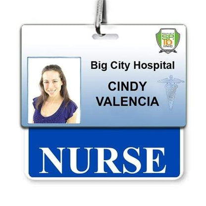 ID badge for "Big City Hospital" displaying a photo of a woman and the name "Cindy Valencia" with a blue label below reading "NURSE." This hospital badge includes a NURSE Horizontal Badge Buddy with Blue Border for clear nurse identification.