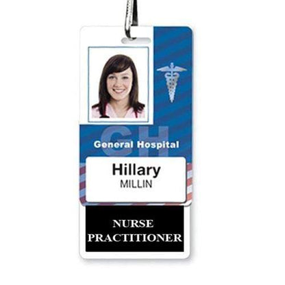 Identification badge for General Hospital featuring a NURSE PRACTITIONER Vertical Badge Buddy with Color Border, with a photo, name "Hillary Millin," and title "Nurse Practitioner.