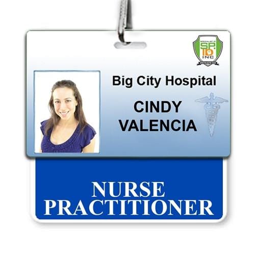 NURSE PRACTITIONER Horizontal Badge Buddy with Color Border for Big City Hospital displaying a photo, the name Cindy Valencia, and the title Nurse Practitioner. Sold by Specialist ID.