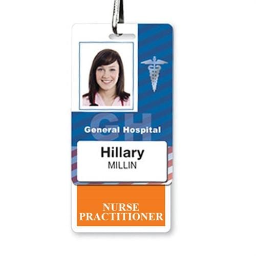 A hospital ID badge with a photo of a woman, displaying "General Hospital", "Hillary Millin", and "Nurse Practitioner," features an orange border and functions as a NURSE PRACTITIONER Vertical Badge Buddy with ORANGE Border.