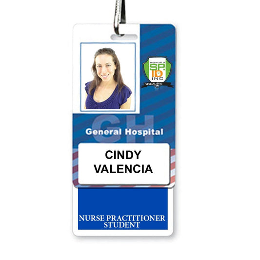 NURSE PRACTITIONER STUDENT Vertical Badge Buddy with Blue Border for General Hospital displaying a photo of Cindy Valencia, labeled "Nurse Practitioner Student. Sold by Specialist ID.