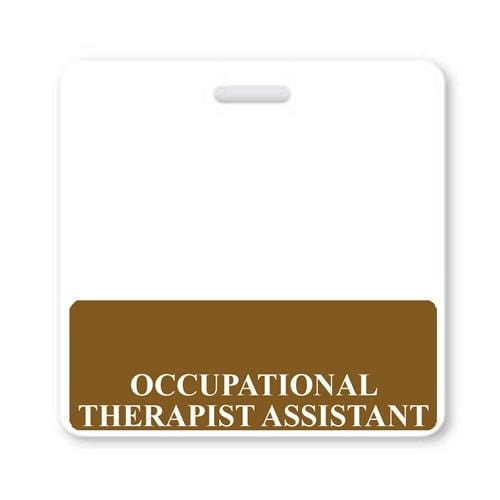 Occupational Therapist Assistant Horizontal Badge Buddy with Brown Border, with a brown section at the bottom displaying the text "OCCUPATIONAL THERAPIST ASSISTANT" in white capital letters, perfect for a hospital environment.