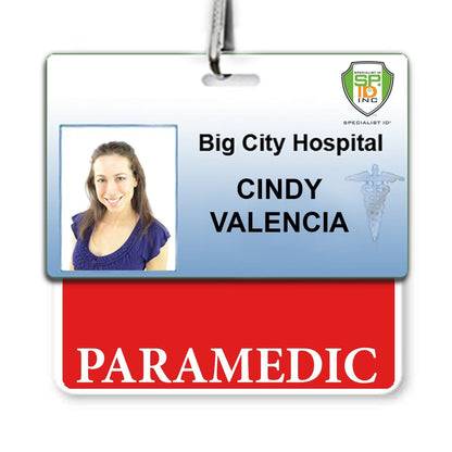PARAMEDIC Horizontal Badge Buddy with Red Border from Big City Hospital for Cindy Valencia, marked as a paramedic. The horizontal badge buddy features her photo, hospital's logo, and paramedic designation for instant role recognition.