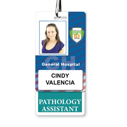 Hospital ID badge for Cindy Valencia, a Pathology Assistant at General Hospital, featuring a PATHOLOGY ASSISTANT Vertical Badge Buddy with Teal border for easy identification within the hospital environment.
