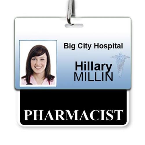 A laminated teslin hospital ID badge featuring the text "Big City Hospital," a photo of a person, the name "Hillary MILLIN," and the title "PHARMACIST." This "Pharmacist" Horizontal Badge Buddy with Black Border ensures quick recognition in any medical setting.