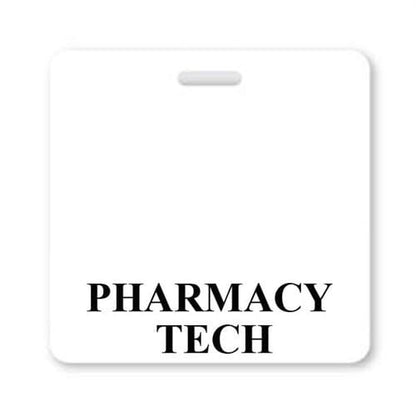 A plain white PHARMACY TECH Horizontal Badge Buddy with the text "PHARMACY TECH" printed in bold black letters at the bottom, perfect for pairing with an ID card holder. Sold by Specialist ID.