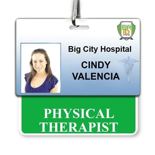 Photo of an ID badge for Big City Hospital featuring a picture of a woman named "Cindy Valencia." The Physical Therapist Horizontal Badge Buddy with Green Border highlights her role as a Physical Therapist, ensuring clear role recognition.