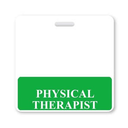 A Physical Therapist Horizontal Badge Buddy with Green Border featuring a green section at the bottom with "PHYSICAL THERAPIST" text in white, ensuring clear role recognition. Sold by Specialist ID.