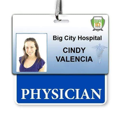 A PHYSICIAN Horizontal Badge Buddy with Blue Border for Big City Hospital showing the name "Cindy Valencia" with the title "Physician," printed on highest quality synthetic paper, and featuring a photograph of a smiling woman for instant role recognition.