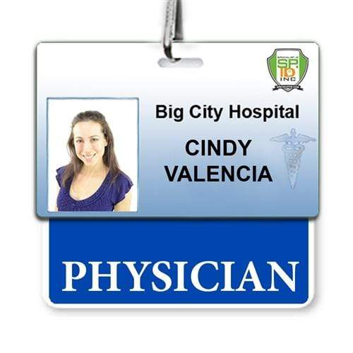 A PHYSICIAN Horizontal Badge Buddy with Blue Border for Big City Hospital showing the name "Cindy Valencia" with the title "Physician," printed on highest quality synthetic paper, and featuring a photograph of a smiling woman for instant role recognition.