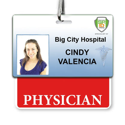ID badge for Big City Hospital featuring a picture of Cindy Valencia and a title "PHYSICIAN" in large red letters, ensuring clear role recognition in a bustling hospital environment can be replaced with PHYSICIAN Horizontal Badge Buddy with Red Border.