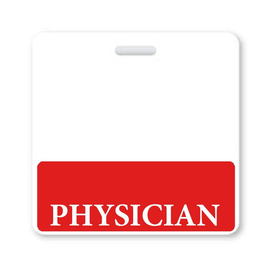 A white badge with a red bottom section displaying the word "PHYSICIAN" in white text, perfect for role recognition in a hospital environment.

Replace with product name:

The PHYSICIAN Horizontal Badge Buddy with Red Border is perfect for role recognition in a hospital environment.