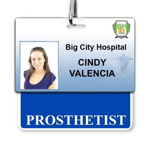 ID badge for Cindy Valencia from Big City Hospital, labeled "Prosthetist." Image shows a portrait of a woman with dark hair and a blue top, perfectly fitting into the hospital environment. The PROSTHETIST Horizontal Badge Buddy with Blue border helps clearly display her essential role as a PROSTHETIST.