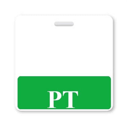 A rectangular badge with a green bottom section and the white letters "PT" on it. The top section is white with a slot for hanging, perfect for Physical Therapist "PT" Horizontal Badge Buddy with GREEN Border use in a hospital environment.