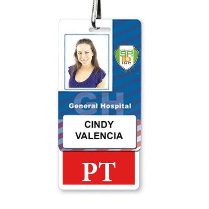 Identification badge for Cindy Valencia at General Hospital, displaying her photo, name, and the title "PT" against a white badge with a red bottom section. Perfect for role recognition in a busy hospital environment, this Physical Therapist "PT" Vertical Badge Buddy with RED Border ensures clear identification.