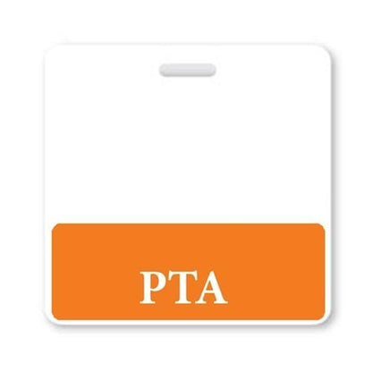 A square, white badge with an orange segment at the bottom displays the acronym "PTA" in white text. This "PTA" Horizontal Badge Buddy with Orange Border ensures instant role recognition and is crafted from the highest quality synthetic paper.