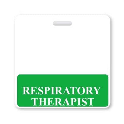 A white RESPIRATORY THERAPIST Horizontal Badge Buddy with GREEN Border, displaying the text "RESPIRATORY THERAPIST" in white letters, clearly emphasizing role recognition. Sold by Specialist ID.